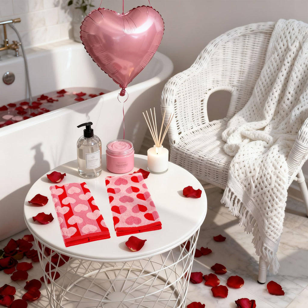 Whaline Valentine's Day Bath Towels Set of 6 Jacquard Cotton Bathroom Towel Red Pink Heart Hand Towel Wash Cloth for Holiday Hand Drying Shower Supplies