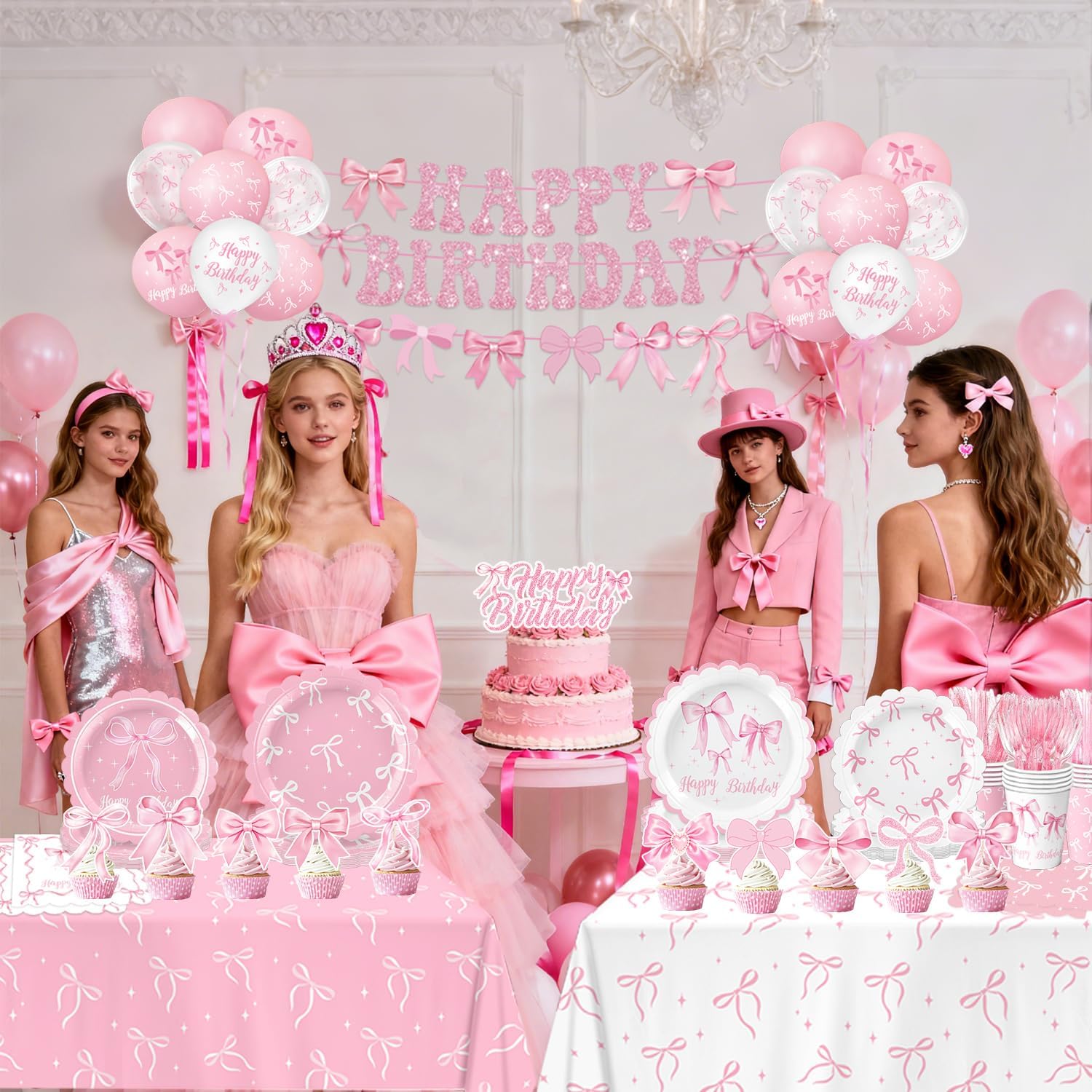 Pink Bow Birthday Decorations - Complete Party Set with Plates, Napkins, Cups & Balloons | Serves 20