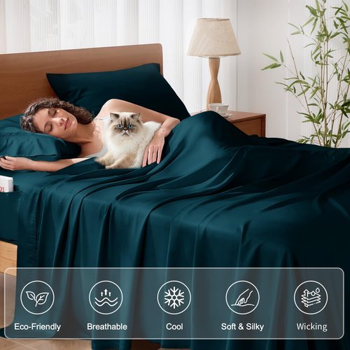 KRIMANO Queen Size Sheet Set, Bamboo Sheets for Bed Set 4pcs, 100% Organic Viscose Derived from Bamboo, Hotel Luxury Silky & Cooling for Hot Sleepers, Deep Pocket Up to 17", Navy Blue