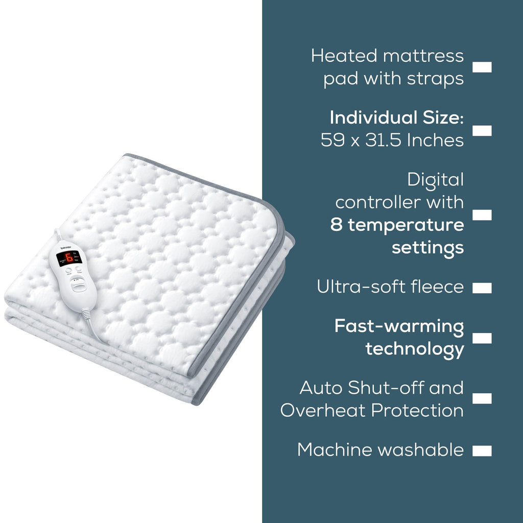 Beurer UWB55 Heated Mattress Pad with 8 Temperature Settings & Ultra-Soft Fleece, 59" x 31.5", Electric Bed Warmer with Overheat Safety Features, Fast Heating, Machine Washable