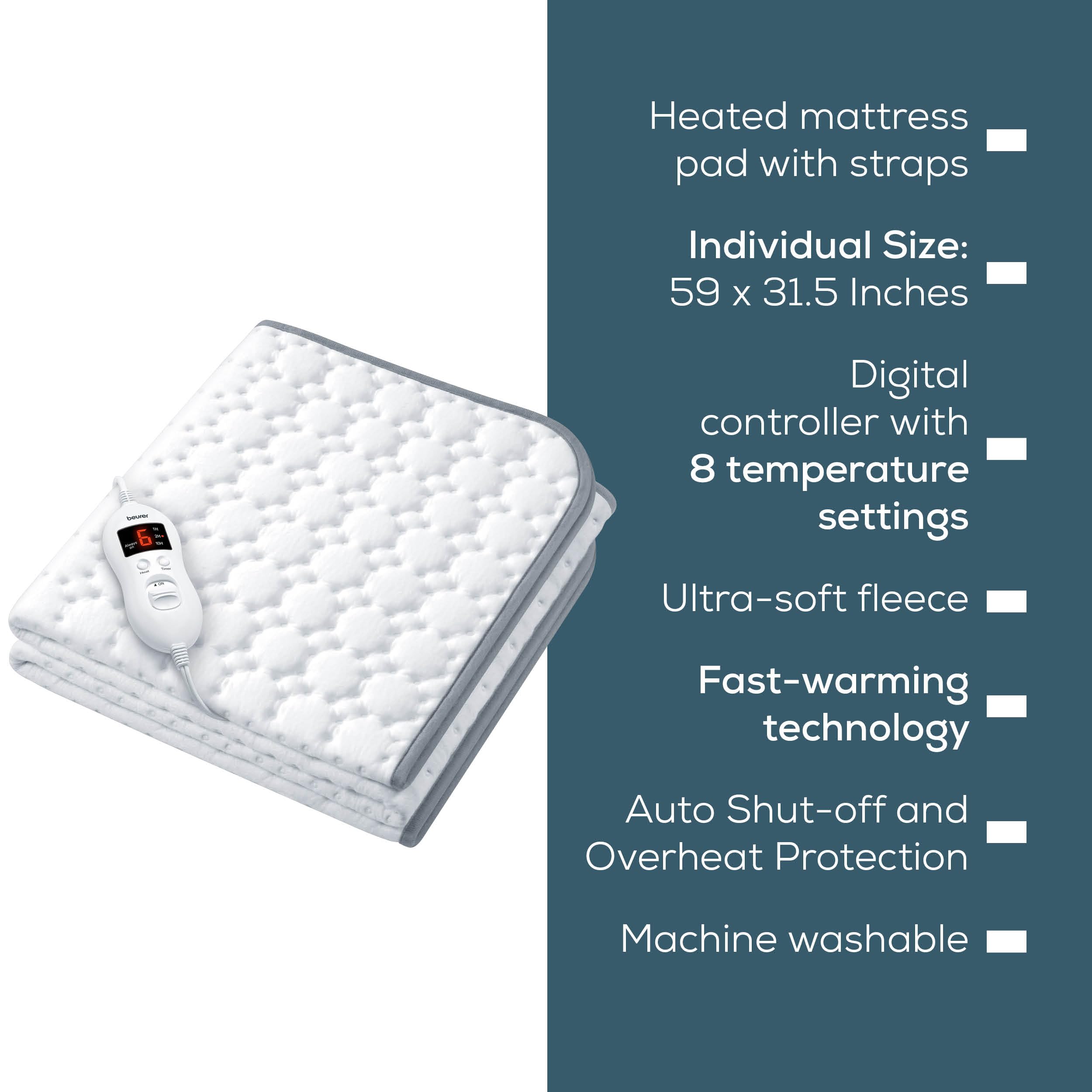 Beurer UWB55 Heated Mattress Pad with 8 Temperature Settings & Ultra-Soft Fleece, 59" x 31.5", Electric Bed Warmer with Overheat Safety Features, Fast Heating, Machine Washable