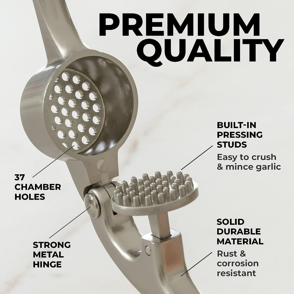 Zulay Kitchen Garlic Press Set - Rust-Proof Professional Mincer with Ergonomic Handle & Silicone Peeler (Silver)