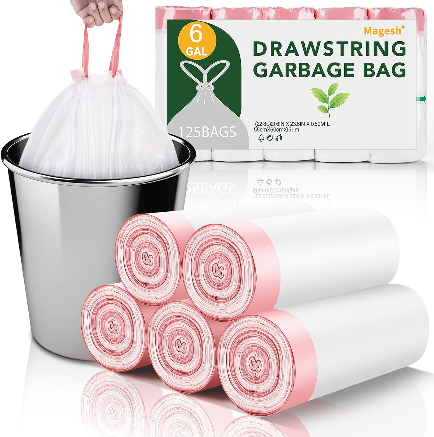 Magesh 6 Gallon Trash Bags - Unscented Drawstring Kitchen Garbage Bags | 125 Count, Strong & Thick