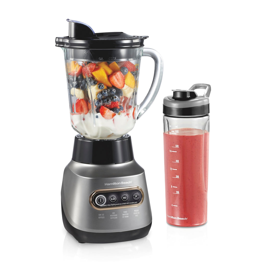 Hamilton Beach Wave Action Blender for Smoothies, Stainless Steel Ice Sabre Blades, 40oz Glass Jar, 20oz Blend-In Portable Travel Jar, 800 Watts, Quiet Design, Silver (58181)