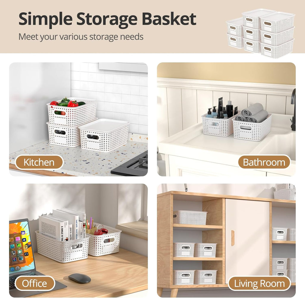 Plastic Storage Basket with Lid - Stackable Organizing Bins for Home & Office | 10.2x7.2x4.1 Inch, White, 8 Pack
