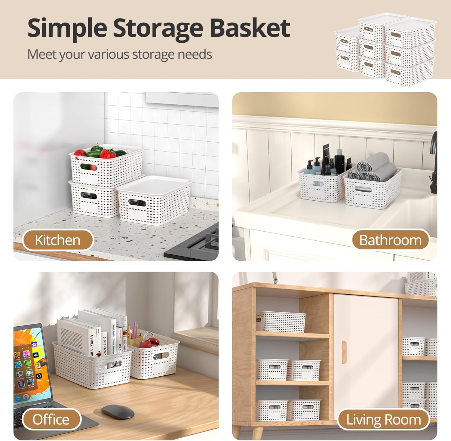 Plastic Storage Basket with Lid - Stackable Organizing Bins for Home & Office | 10.2x7.2x4.1 Inch, White, 8 Pack