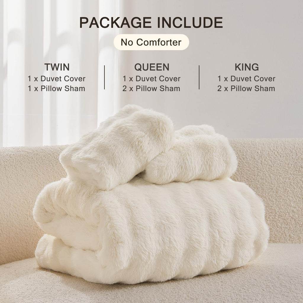 EMME Faux Fur Duvet Cover King Size, 3 Pieces Ultra Soft Fluffy Comforter Cover, Cozy Warm for Winter, Luxury Elegant Shaggy Bubble Design Bedding, 1 Duvet Cover & 2 Pillow Shams (King, Cream White)