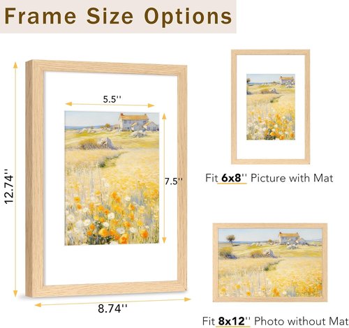 JCJMY Solid Wood Picture Frame - Display 6x8 with Mat or 8x12 Without Mat | Natural Finish, Shatter-Resistant Plexiglass