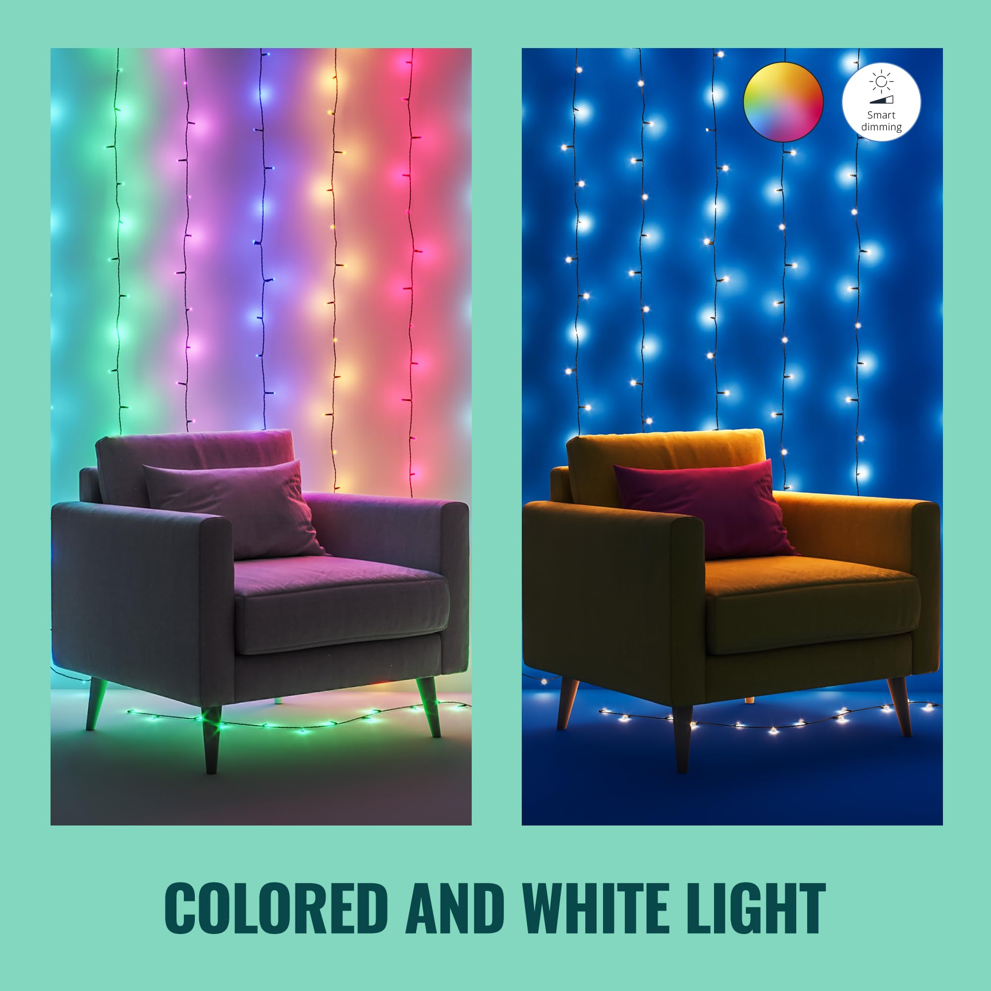 WiZ Connected Fairy Lights, 65.6ft RGB LED Smart Color-Changing, Static and Dynamic Modes, Music Sync, App and Voice Control