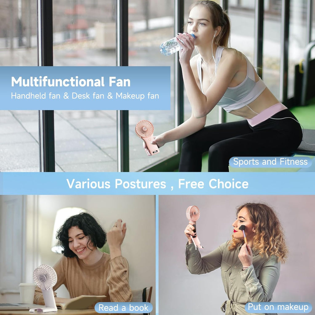 QQT Mini Handheld Fan - 4 Speed Adjustable USB Rechargeable Portable Fan with Mirror | Pink, 20-Hour Battery Life