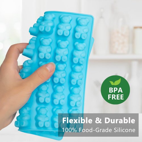 HKUCFTT Large Gummy Bear and Worm Molds Silicone, Food-Grade Non-Stick Candy Molds Fruit Snack Molds BPA-Free with 2 Droppers & 1 Cleaning Brush, Set of 4
