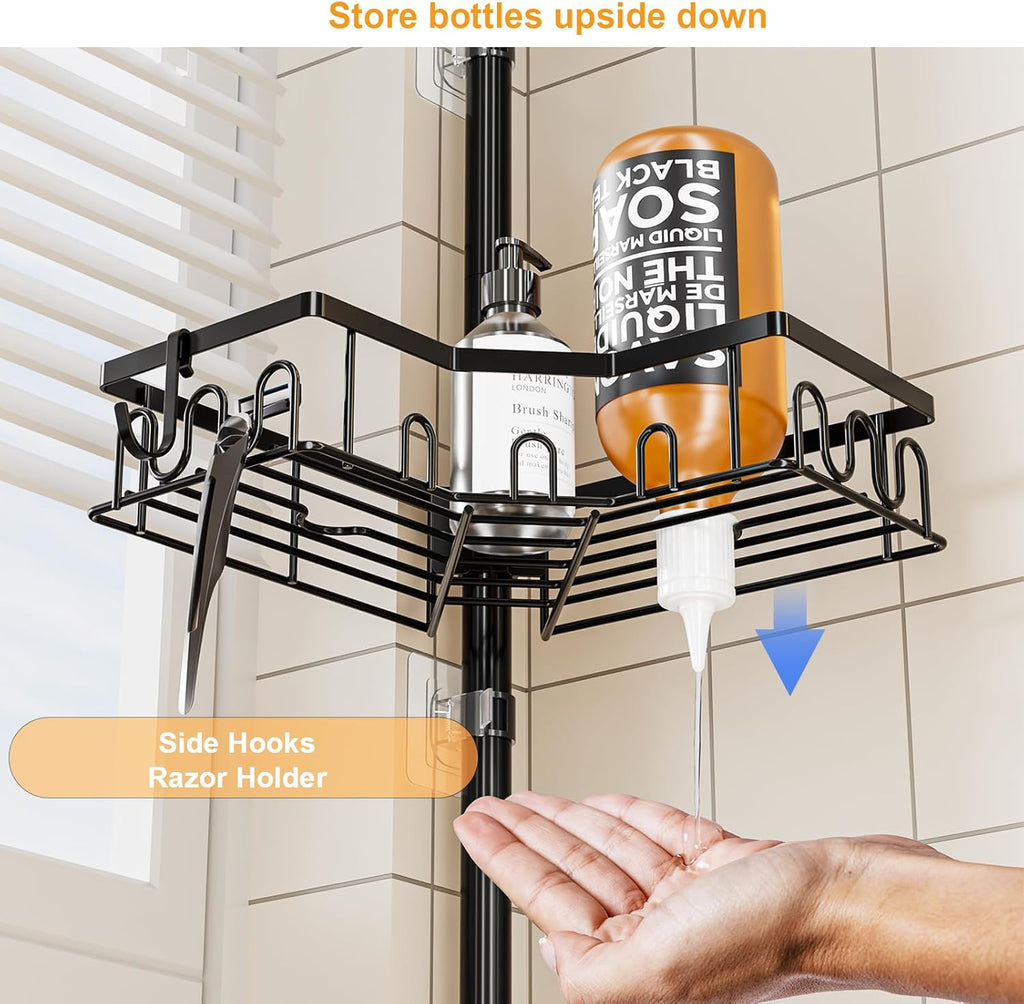 Corner Shower Caddy - 4-Tier Adjustable Tension Pole Organizer for Bathroom | Space-Saving Black Shelves (34in-120in)