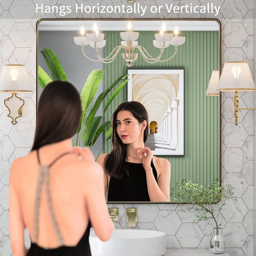 LOAAO Bronze Bathroom Mirror - 36”x36” Rounded Rectangle with Anti-Rust Metal Frame | Hangs Horizontally or Vertically