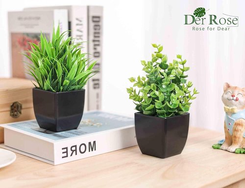 Der Rose 2 Pack Fake Plants - Small Artificial Potted Decor for Home & Office | Black Bathroom Accessories