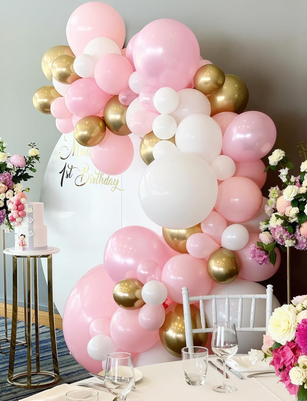 Skiennix Pink and Gold Balloons Set - 12 Inch Light Pink & White Metallic Gold Confetti for Parties