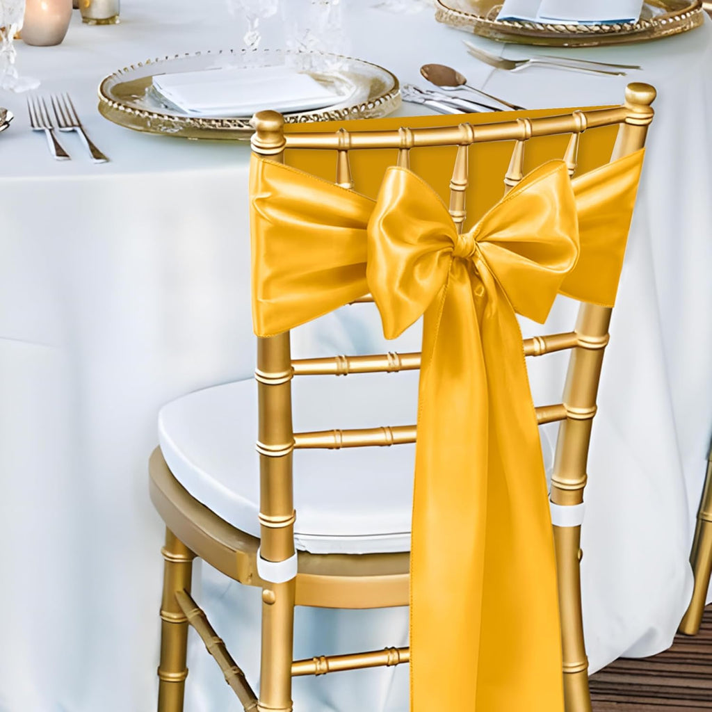 Regine Switzerland Satin Chair Sashes - 50 Pcs Gold Ribbon Bows for Weddings & Events | 7x108 Inch