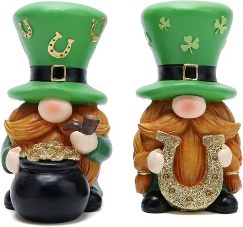 Hodao St. Patrick's Day Gnome Decorations - 2 PCS Green Elf Figurines for Home Table Decor