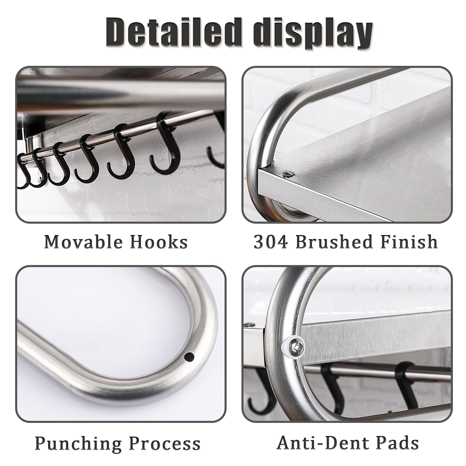 NAWESRVA Stainless Steel Microwave Wall Mount Shelf with 6 Hooks - 66 lbs Capacity, 21x15 Inches, Easy Install, Space-Saving Organizer for Home and Kitchen
