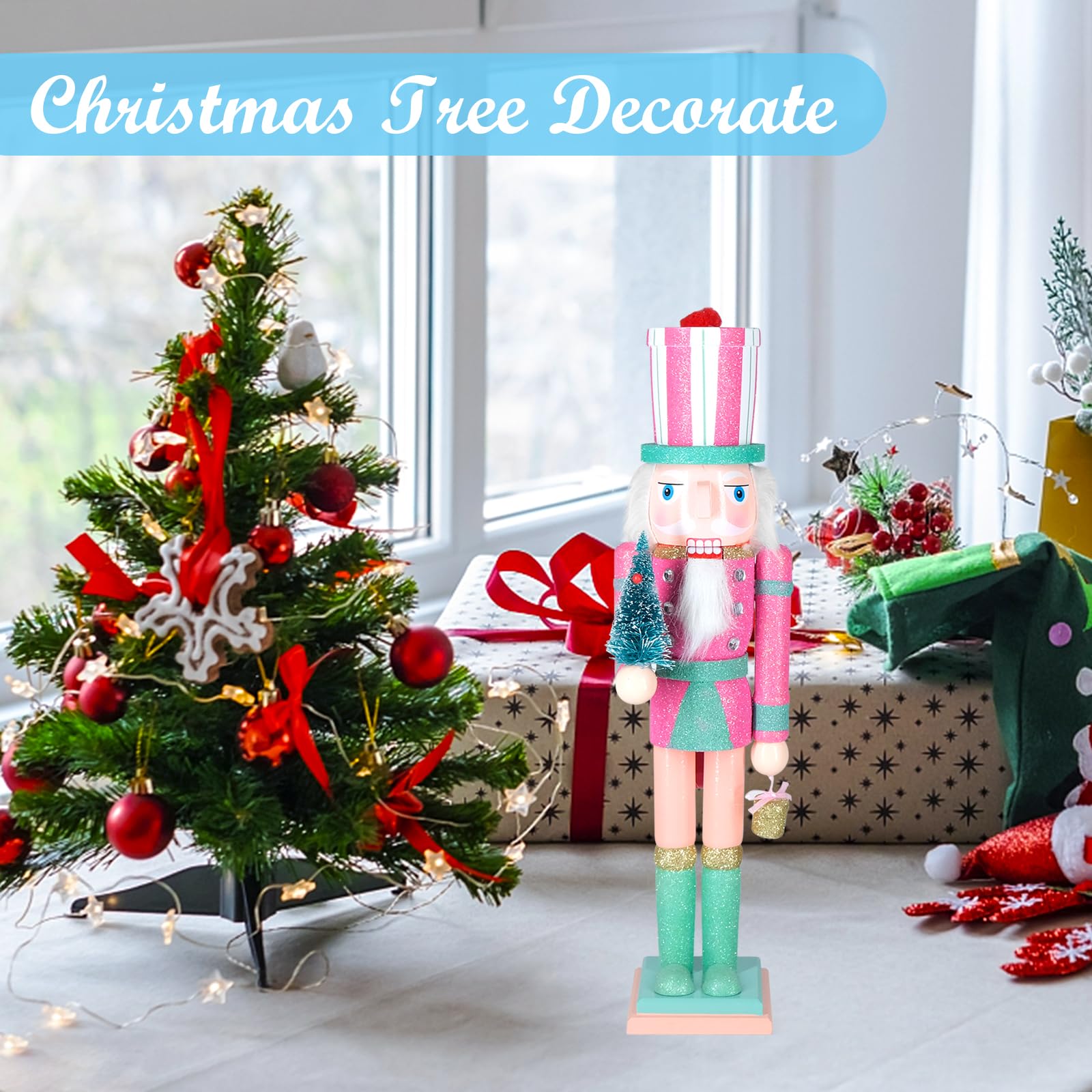 MicoSim Christmas Nutcracker Decor,15" Wooden Nutcracker Decorations,Collects Nutcracker Ornament for Festival Party Outdoor Xmas Gifts (Pink Christmas Tree)…