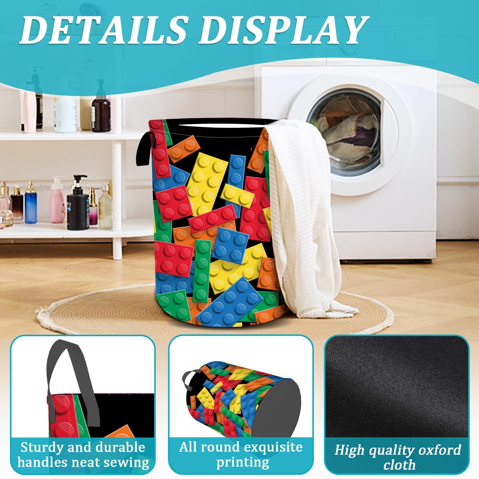 Colorful Building Blocks Laundry Basket, Funny Bricks Laundry Hamper Foldable Waterproof Tote Bag Dirty Clothes Storage Bucket Toy Organizer for Bathroom/Laundry/Bedroom 15.7"x19.6"