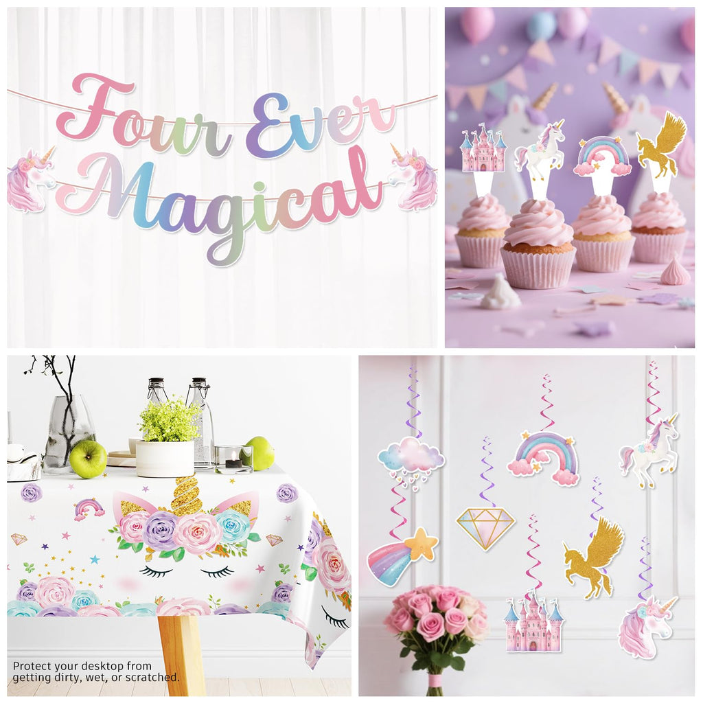 Xynic 181Pcs Unicorn 4th Birthday Decorations, Four Ever Magical Birthday Decorations Tableware Set with Plates and Napkins Serves 25, 2 Tablecloths for Unicorn Decorations