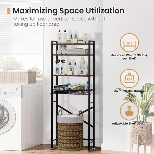 Over The Toilet Storage Cabinet, 4-Tier Bathroom Organizers and Storage with Adjustable Shelves, Freestanding Over-The-Toilet Shelf for Restroom, Laundry, Rustic Brown