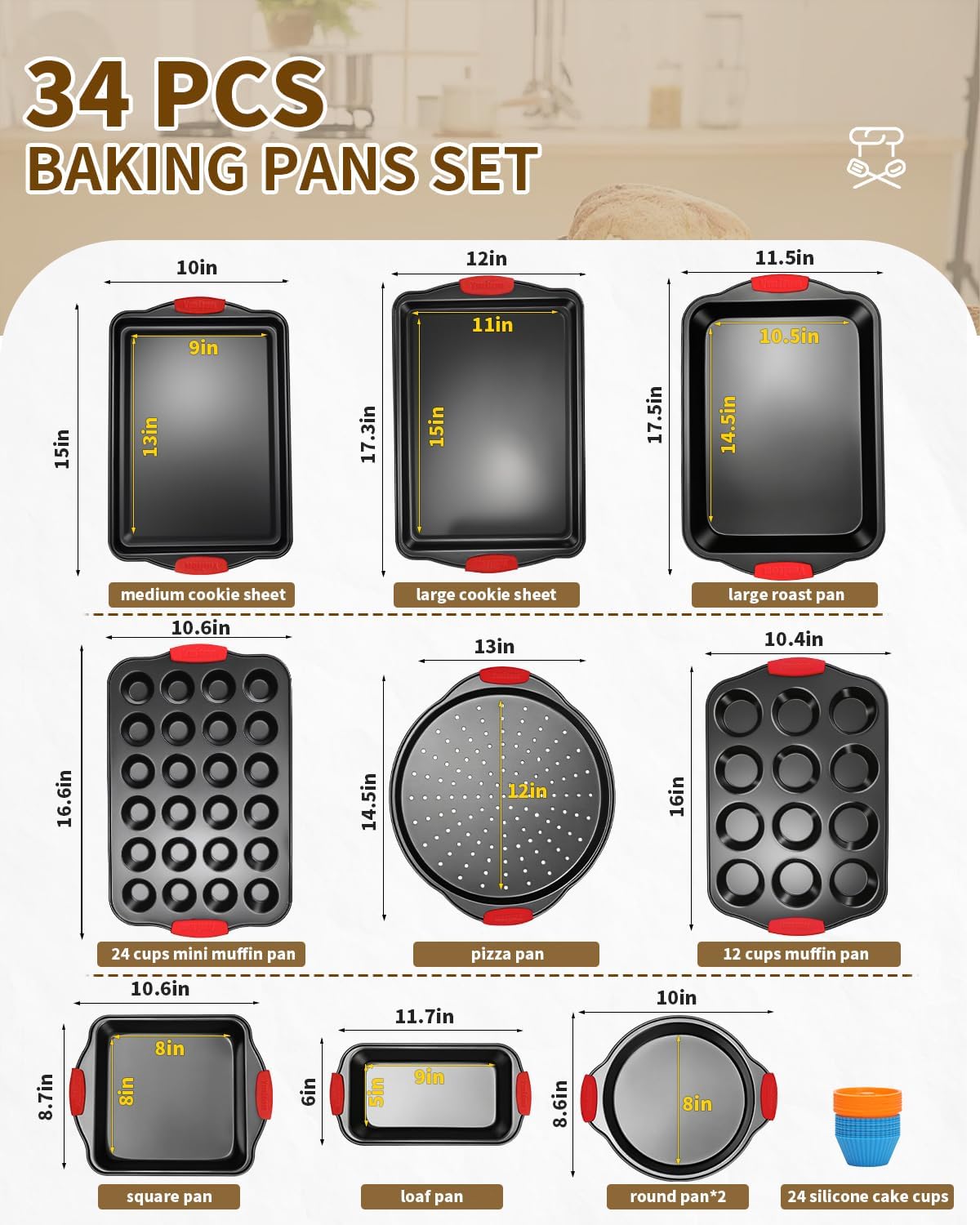 Skiennix Baking Pans Set - 34 PCS Nonstick Bakeware with Silicone Handles | Includes Cookie Sheet, Cake Pans & More