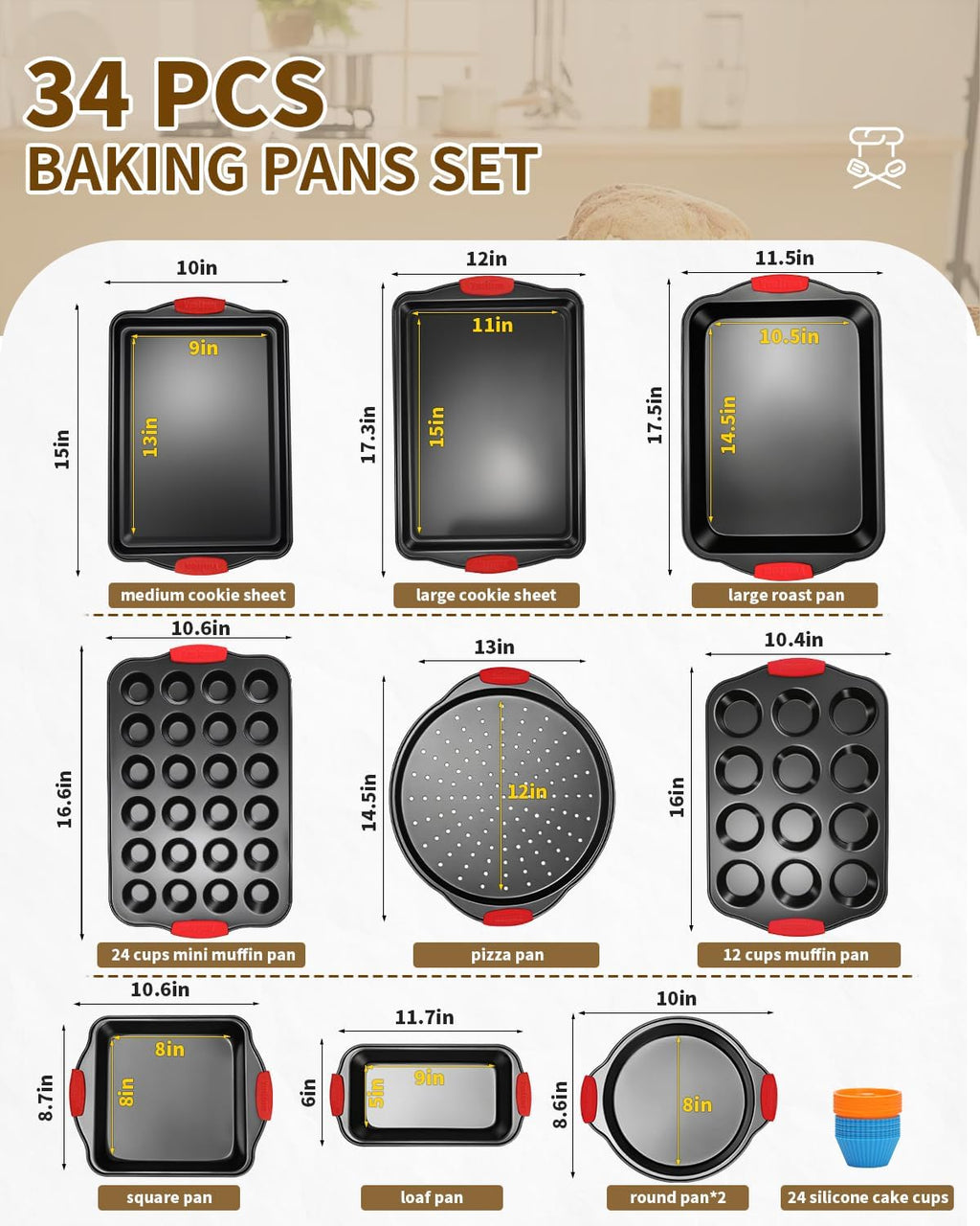 Skiennix Baking Pans Set - 34 PCS Nonstick Bakeware with Silicone Handles | Includes Cookie Sheet, Cake Pans, Muffin Pan & More