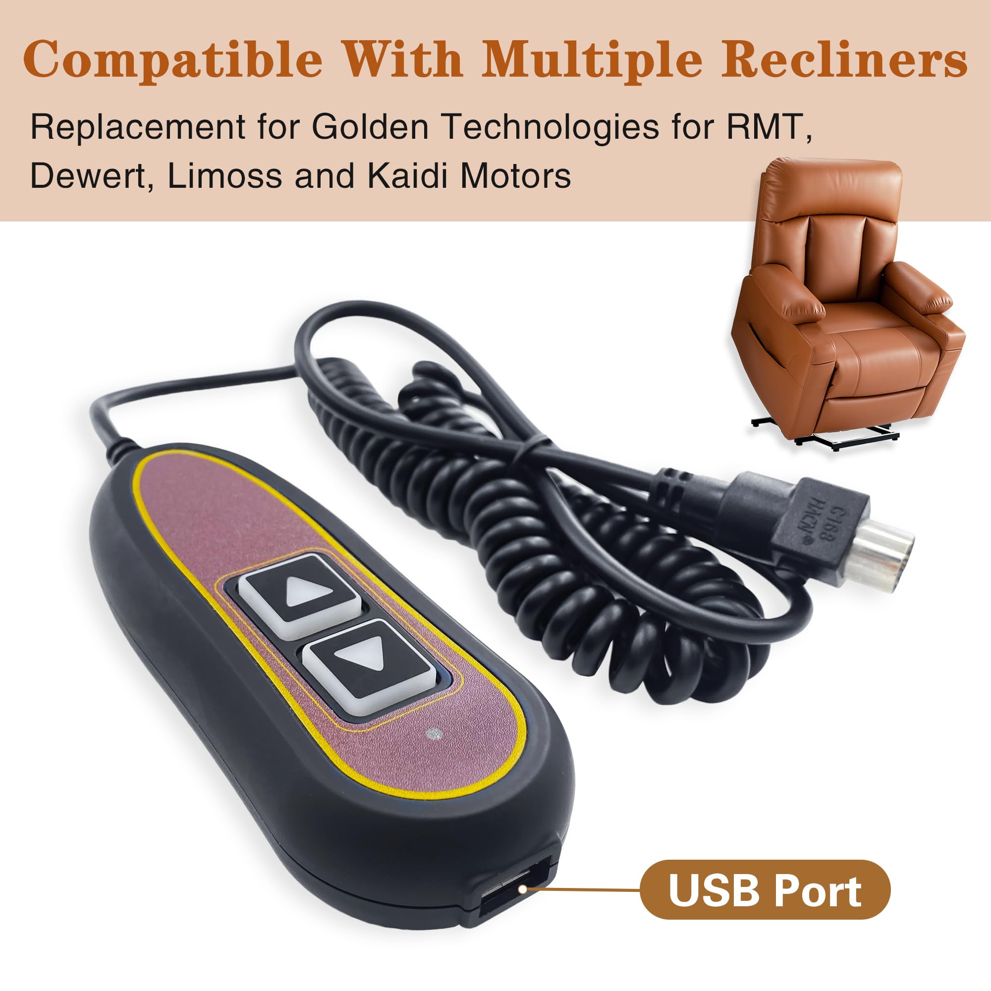 Kariwust 2 Button 5 Pin Remote ZK1200-HC Hand Control Replacement for Golden with USB and Backlight for Lift Chair Power Recliner