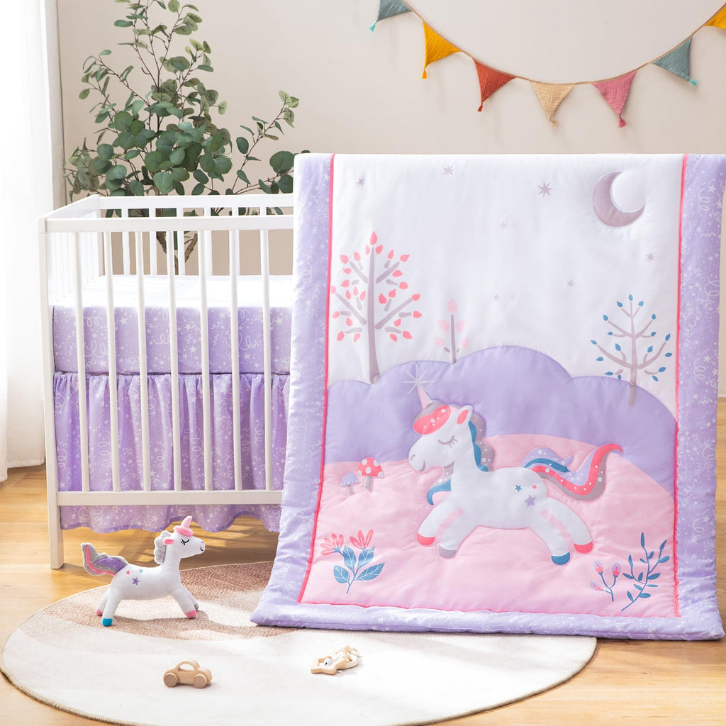 TCOYIWL 4-Piece Crib Bedding Set for Baby Boys Girls, Infant Toddler Nursery Baby Bedding Sets Includes Cartoon Quilt, Fitted Crib Sheet, Crib Skirt and Plush Unicorn Toy