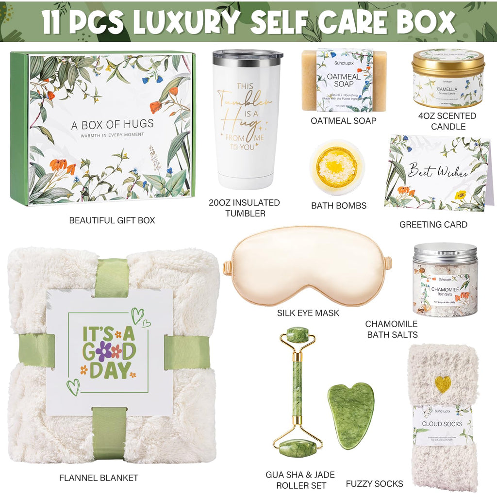 Suhctuptx Self Care Gifts for Women, Get Well Soon Basket Birthday Gifts for Women Care Package, Thinking of You Box w/Blanket, Christmas A Leafy Gift of Care for Mom Her Sister Friend