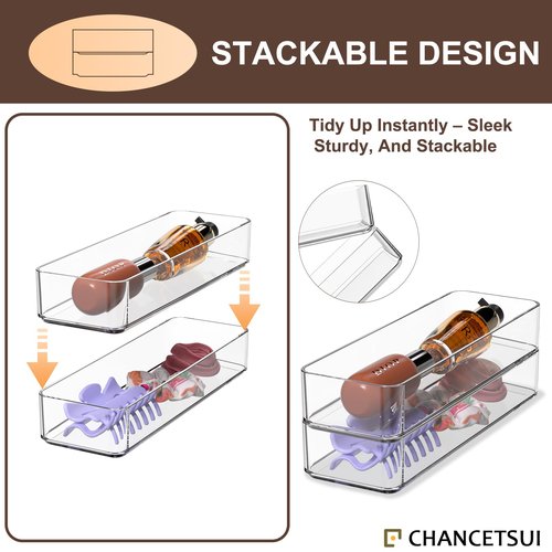 CHANCETSUI Clear Vanity Drawer Organizer Storage : Stackable Plastic Storage Tray For Makeup And Personal Care, 4 Pieces, 3x9 Inch