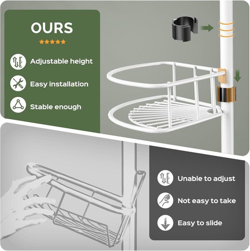 HAMITOR Corner Shower Caddy - Rustproof Tension Pole Organizer for Shampoo & Accessories | 47-121 Inch - White