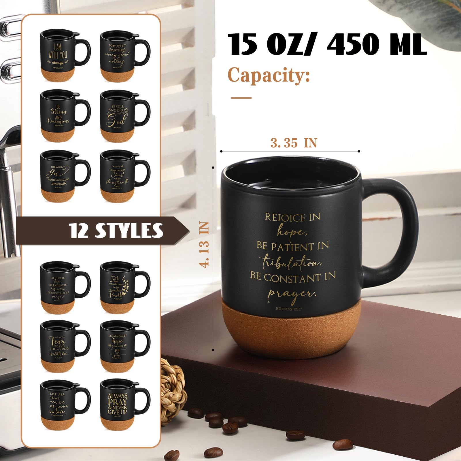 FillTouch 12 Pcs Christian Mothers Day Coffee Mugs 15 oz Religious Cup Cork Bottom Coffee Mug with Verse Inspirational Gifts for Women Men Father Teacher Church Bible Study(Black,Classics)