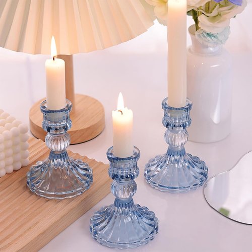 DARJEN 12PCS Blue Candlestick Holders Set - 4" Tall Glass Taper Candle Holders for Weddings & Home Decor
