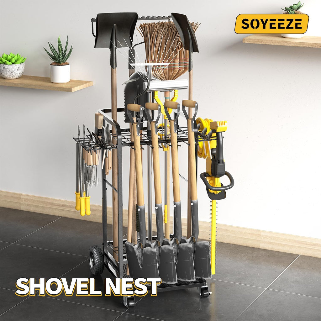 SOYEEZE Garden Tool Organizer - Heavy-Duty 3-Tier Tool Rack with Large Wheels | Holds 35 Tools, 12 Hooks
