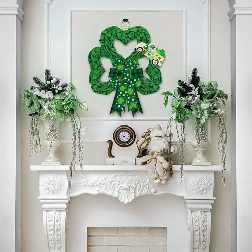 Heureppy Irish St. Patrick's Day Burlap Linen Wreath Bows - Green Plaid Clover Decor for Indoor/Outdoor Use