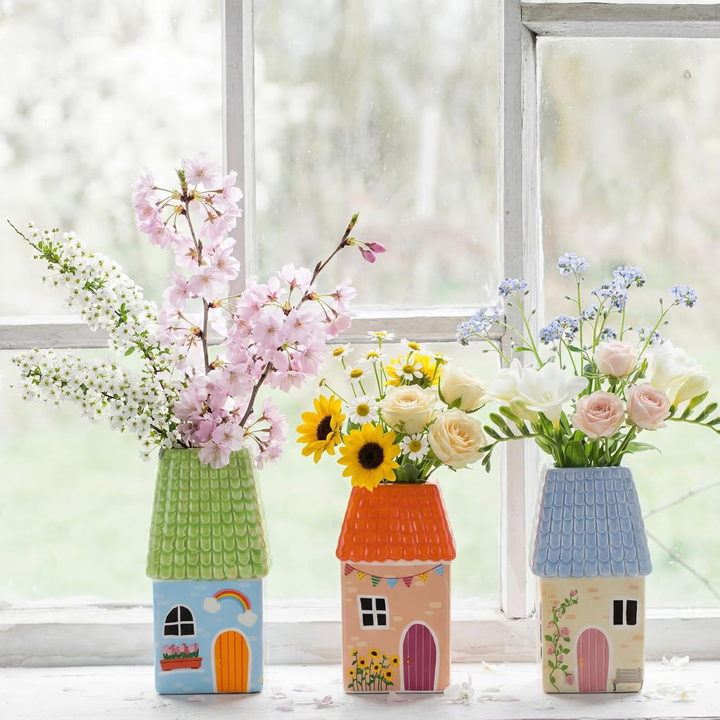 Remerry Ceramic House Shape Vase - Mini Handmade Decorative Flower Container | 2.4 x 3.8 Inch Green