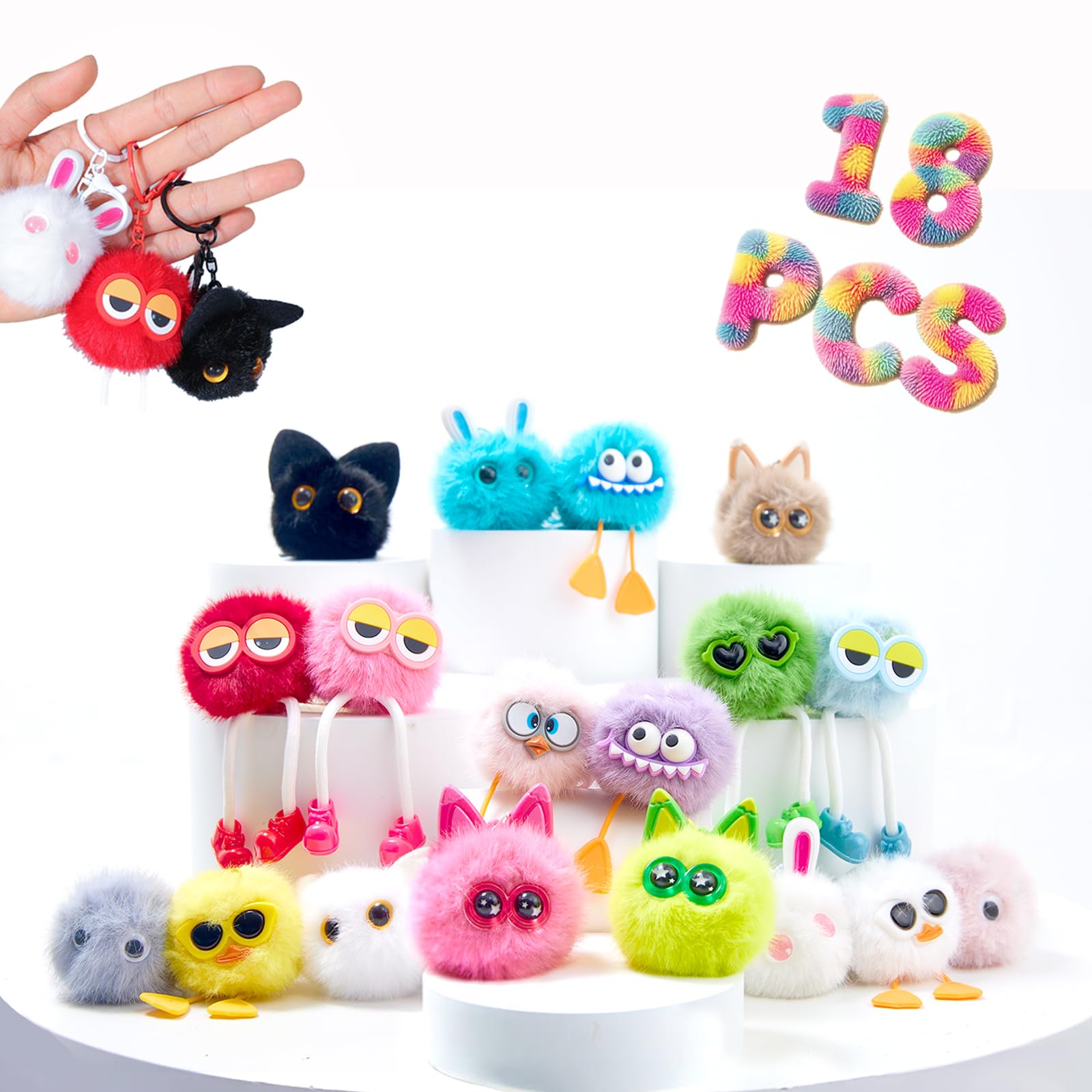18 PCs Kids Keychains - Keychain Cute for Birthday Goodie Bags Stuffers Party Favors Fuzzy Plush Keychain Bulk Monster Keychains End of Year Student Gifts from Teacher 5th Grade Graduation Gifts