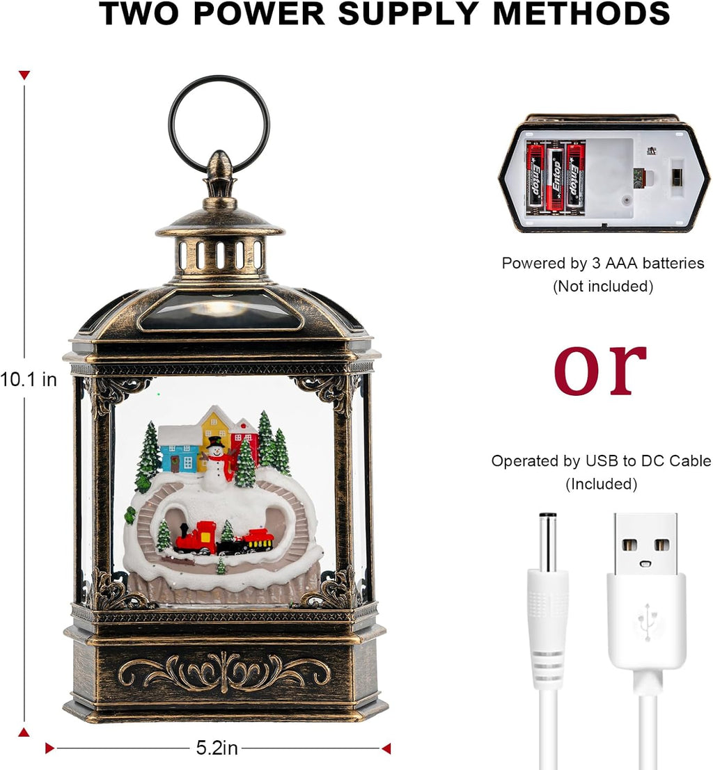 VISFLAIR Christmas Village Snow Globe Lantern - Musical Lighted Snowman & Train | Battery Operated or USB Powered
