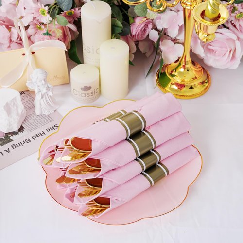 Supernal Gold Plastic Silverware Set with Pre Rolled Pink Napkin-Disposable Cutlery with Pink Linen Napkin Gold, Wrapped Plastic Silverware Heavy Duty Suit for Birthdays, Parties, Weddings 30Packs