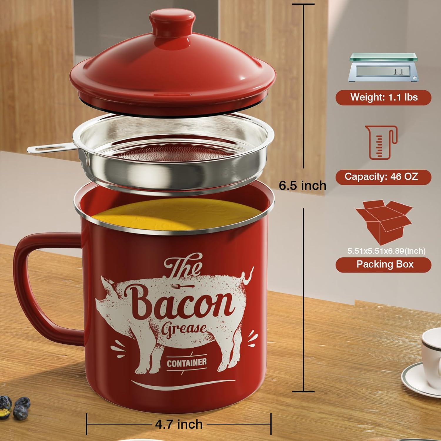 Skiennix Bacon Grease Container - 46oz Enamel Keeper with Strainer & Silicone Spatula | Red, Dishwasher Safe