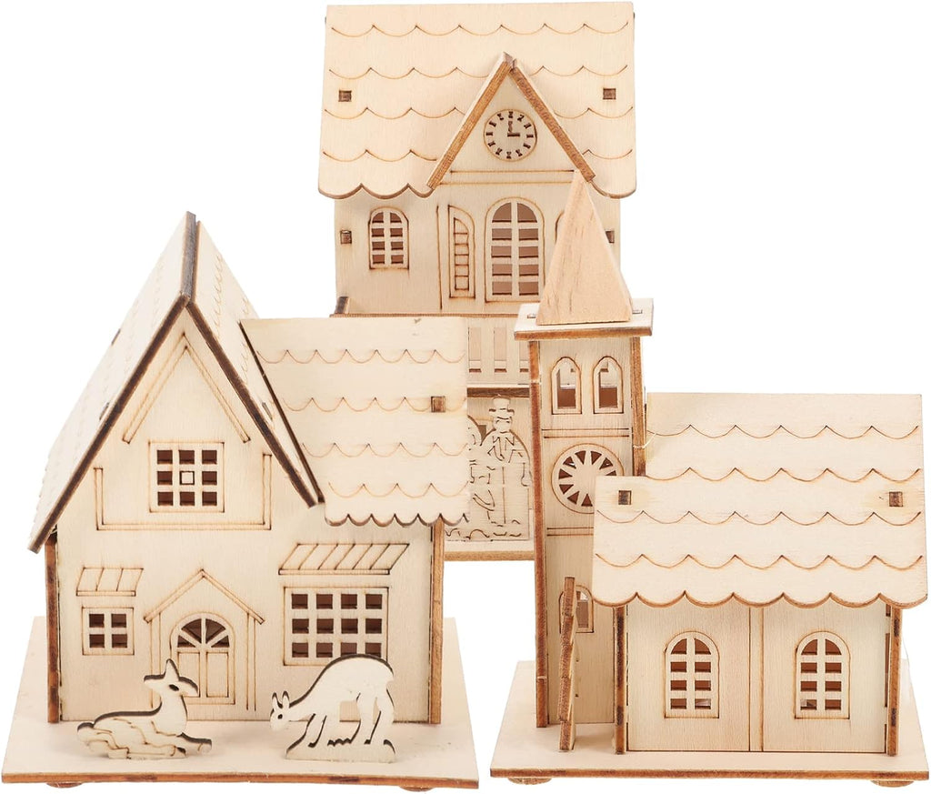 Skiennix Christmas Village Houses - LED Light Wooden Decor | Unfinished Rustic Design for Holiday Centerpieces