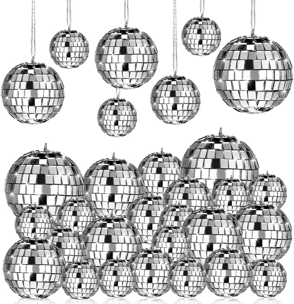 Skiennix 28 Pack Disco Ball Ornaments - Reflective Silver Hanging Decorations for Parties & Events