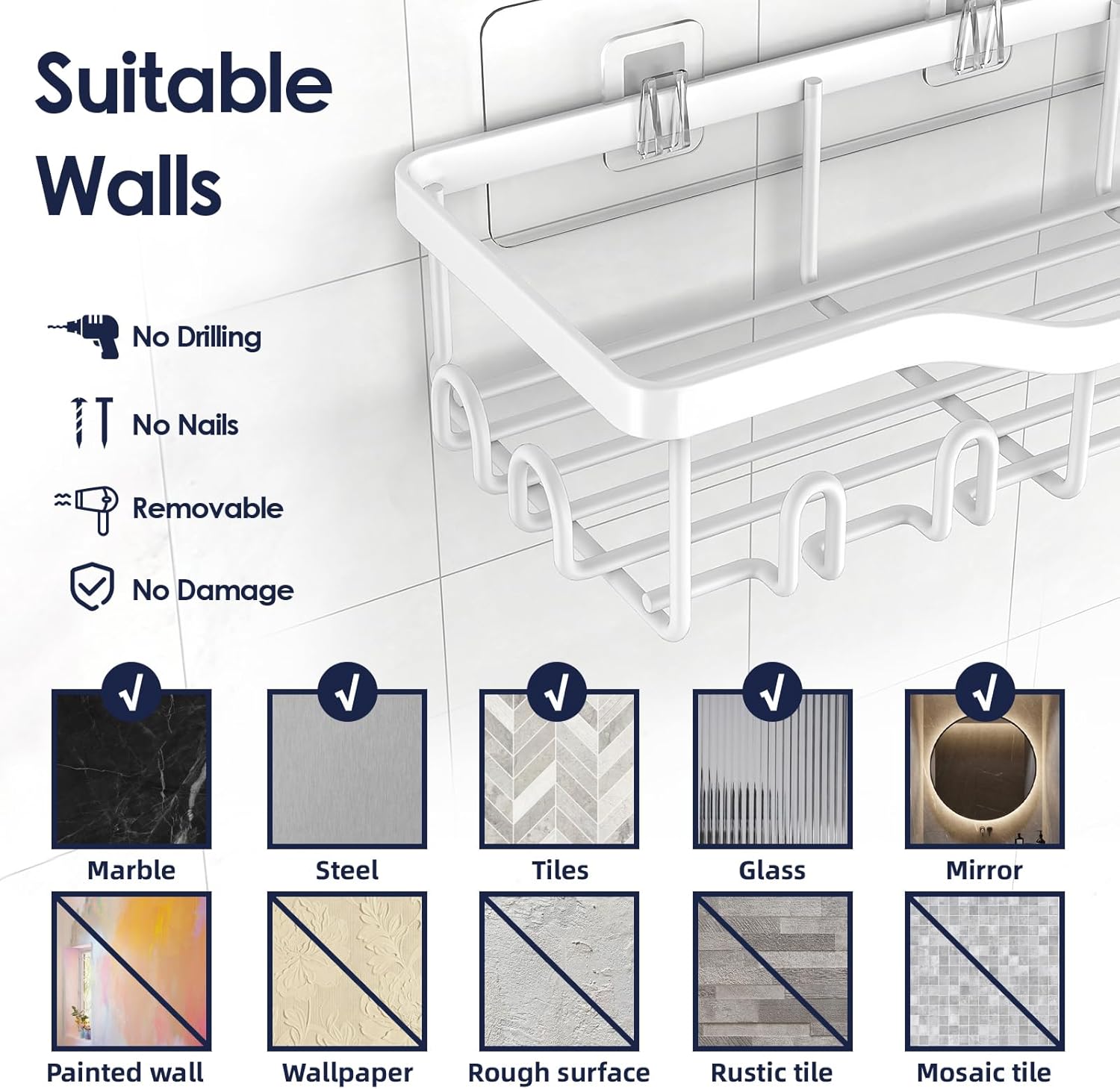 NESOMI Shower Caddy - Rustproof Stainless Steel Organizer with Large Capacity | 7-Pack No-Drill Storage Solutions