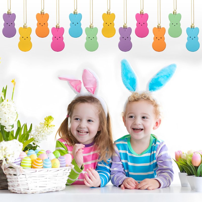 24 PCS Bunny Hanging Ornaments Colorful Peeps Bunny for Tree Decorations Easter Rabbit Plastic Hanging Ornaments Easter Tree Hanging Decoration for Home Holiday Party Decor