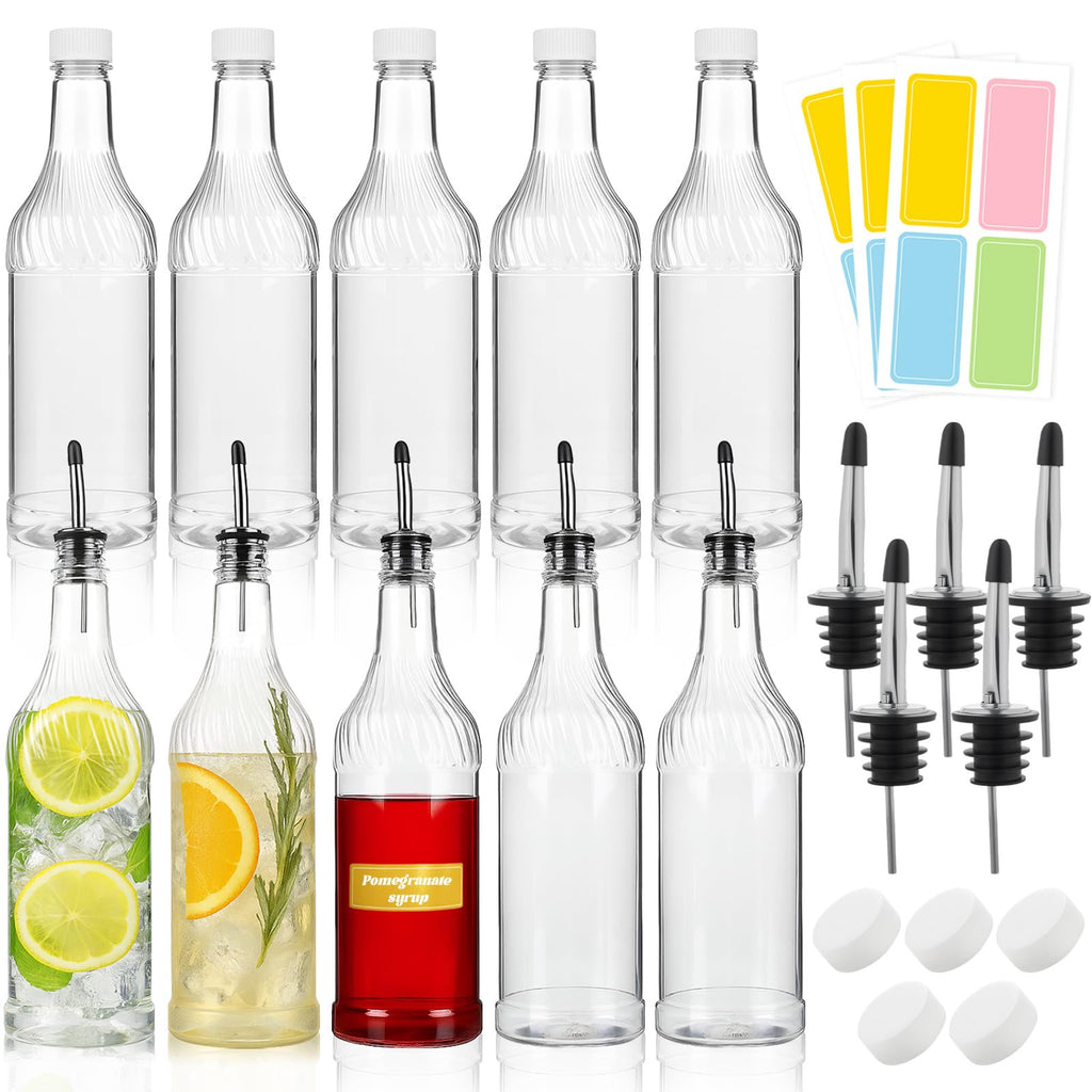 20 Pcs 32 oz Plastic Liquor Bottles Long Neck Bar Juice Pour Bottles with Liquor Pour Spout and Caps Snow Cone Syrup Bottles for Juice Alcohol