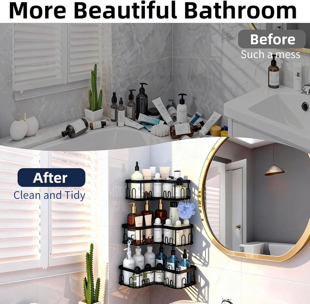 Menbyci Corner Shower Caddy - 3 Pack Adhesive Bathroom Shelves with 18 Hooks | Rustproof Stainless Steel, Black