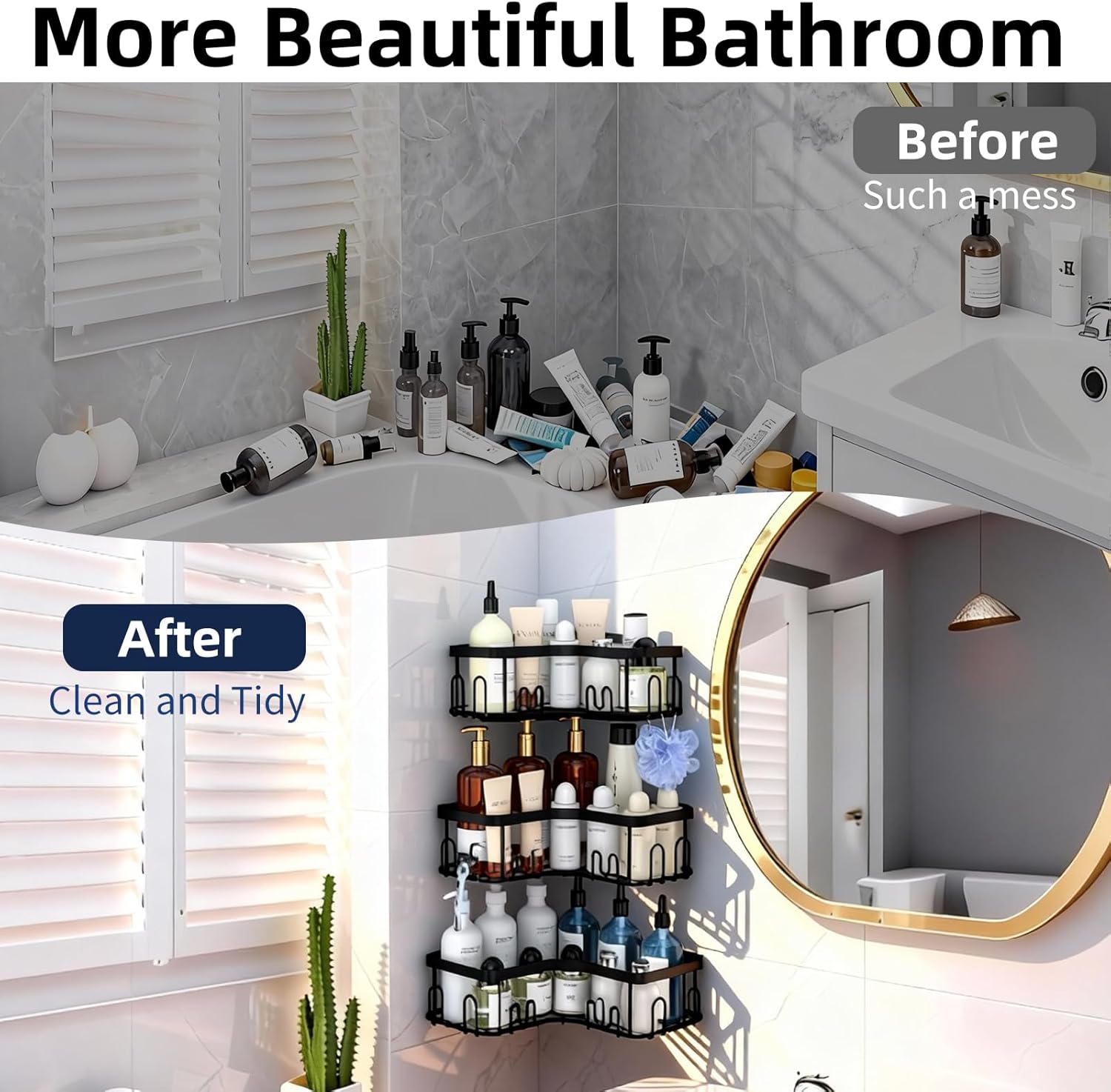 Menbyci Corner Shower Caddy - 3 Pack Adhesive Bathroom Shelves with 18 Hooks | Rustproof Stainless Steel, Black