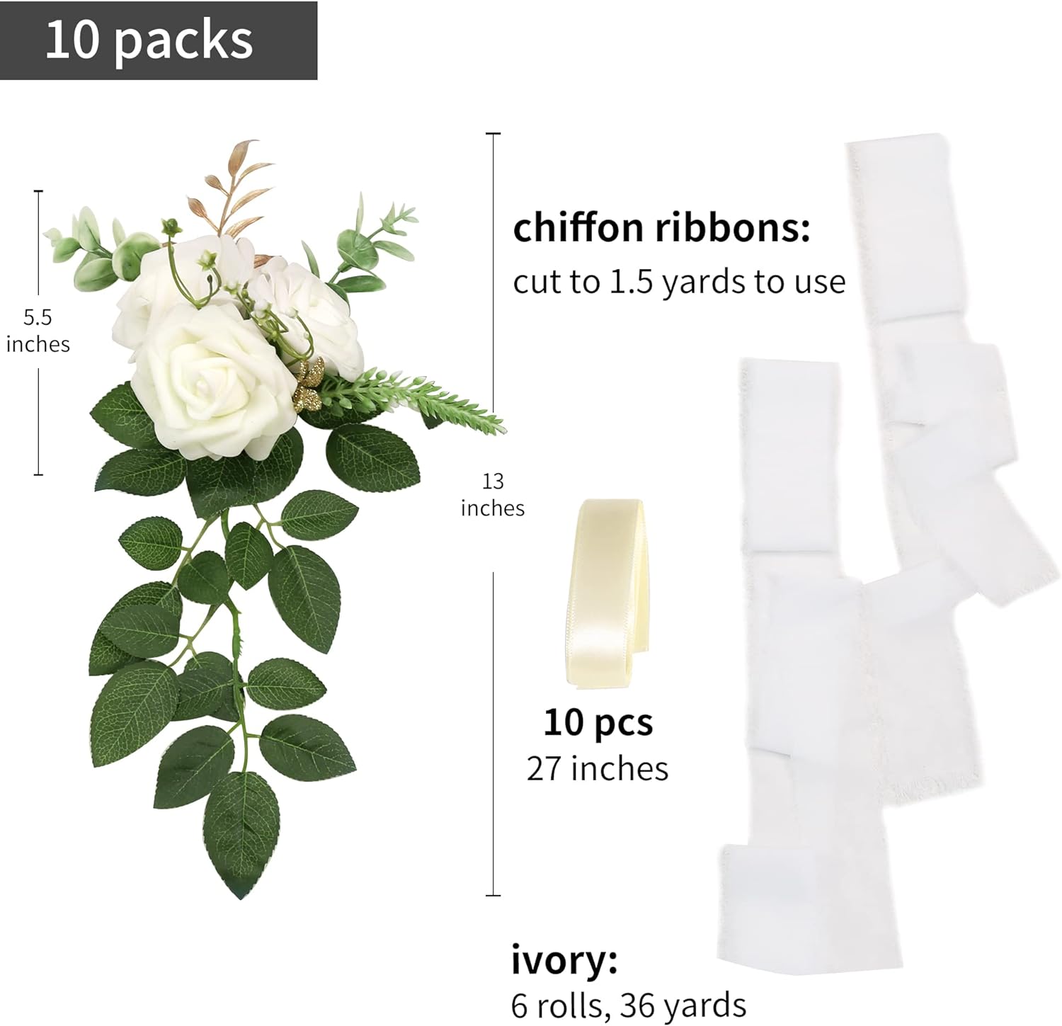 Skiennix Wedding Aisle Decorations - Set of 10 Artificial Pew Flowers with Eucalyptus & Ribbons | Elegant White Decor
